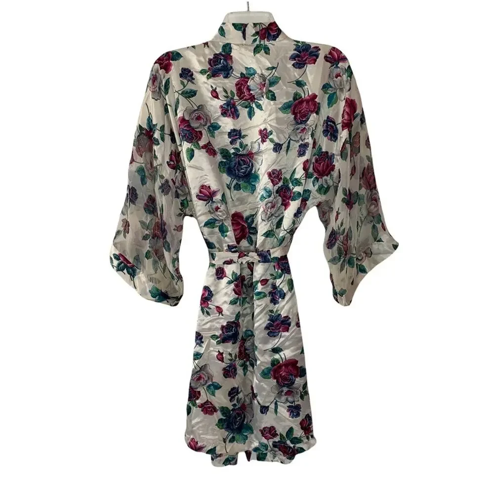 Vintage Satin Floral Robe Silky Size Large with Sheer Sleeves